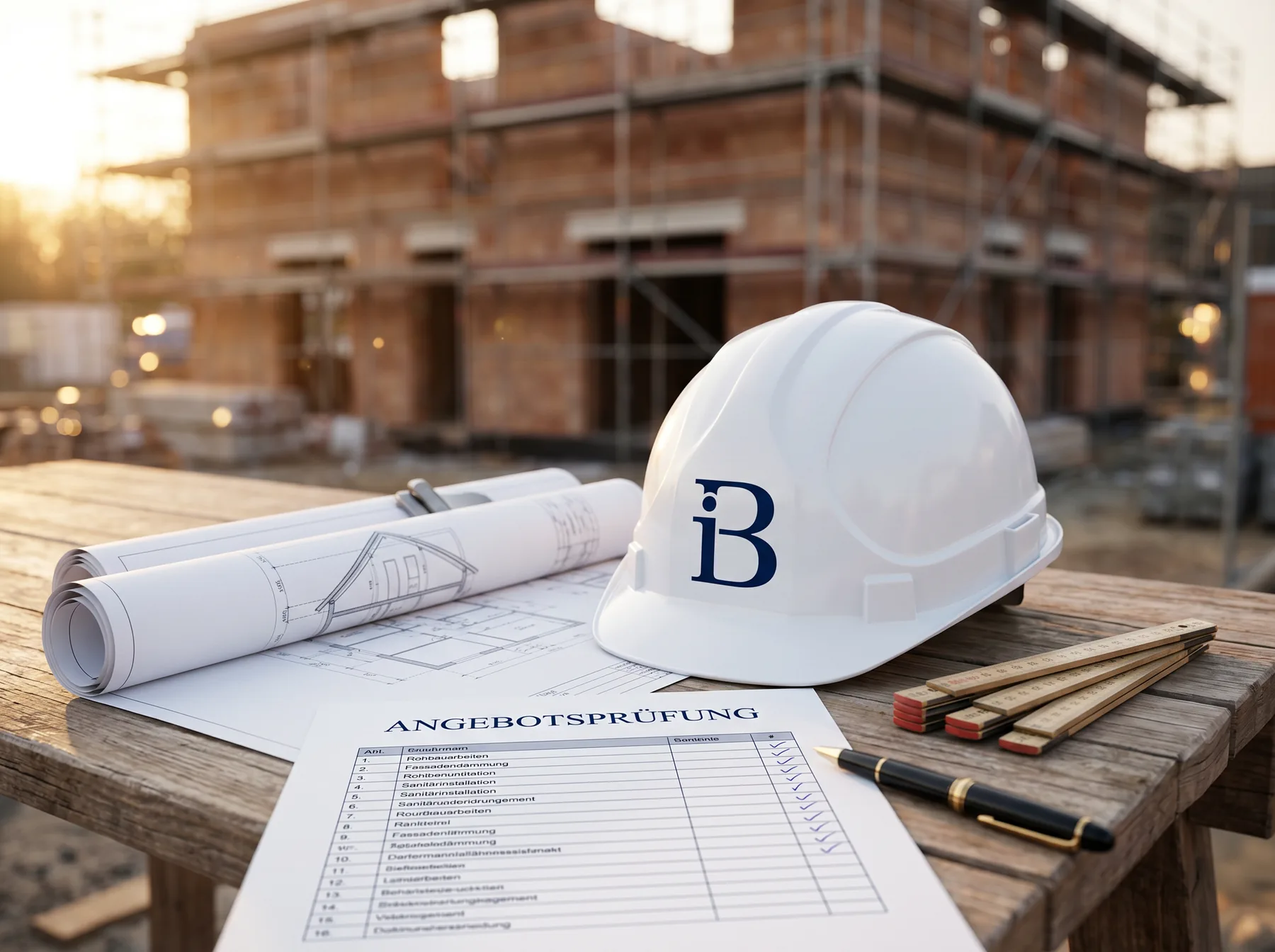 Bauhelm mit iB-Logo, Baupläne und Angebotsprüfung auf der Baustelle – unabhängige Baubetreuung