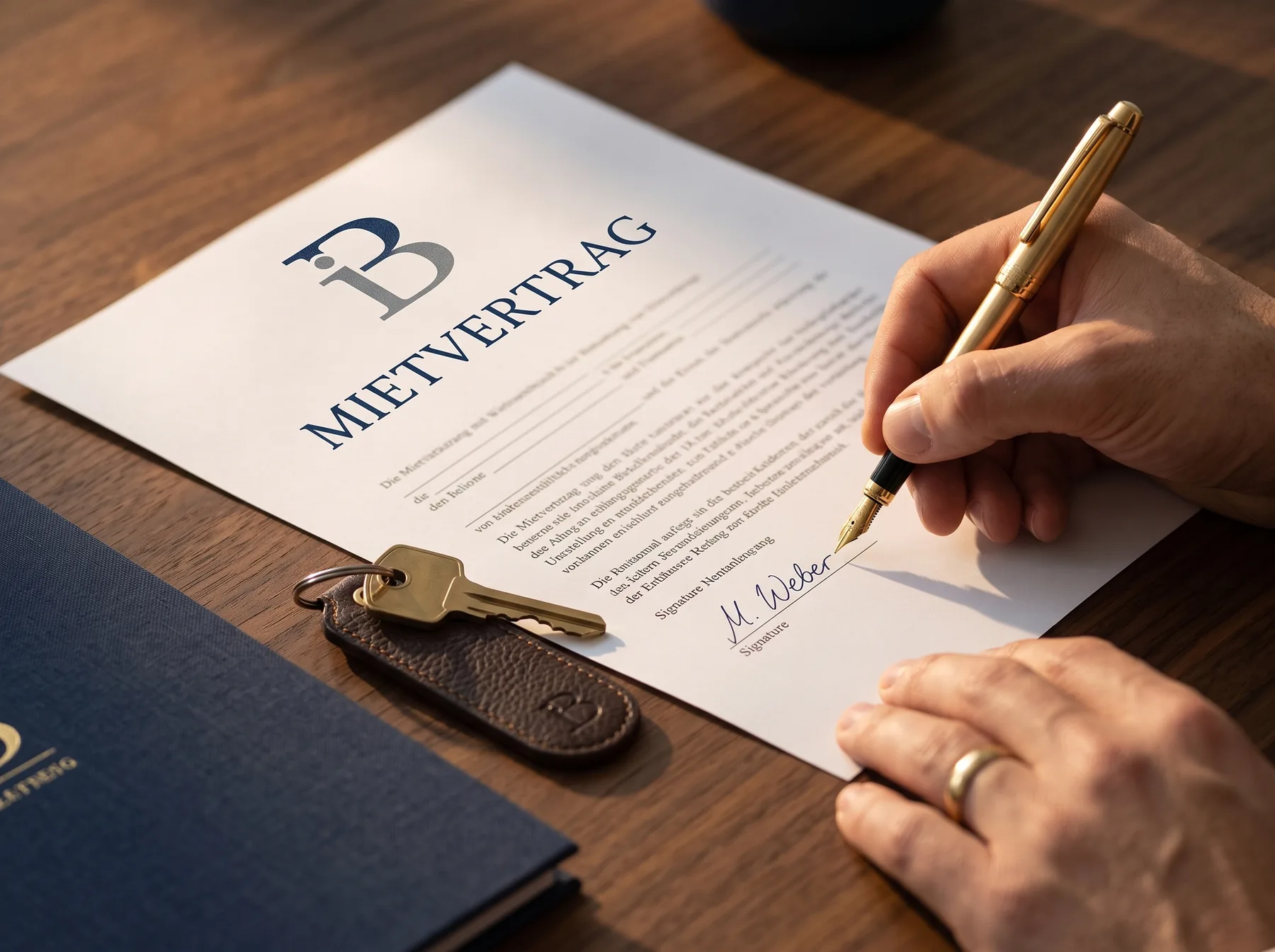Unterschrift eines Mietvertrags mit iB-Logo, daneben Wohnungsschlüssel mit Lederanhänger