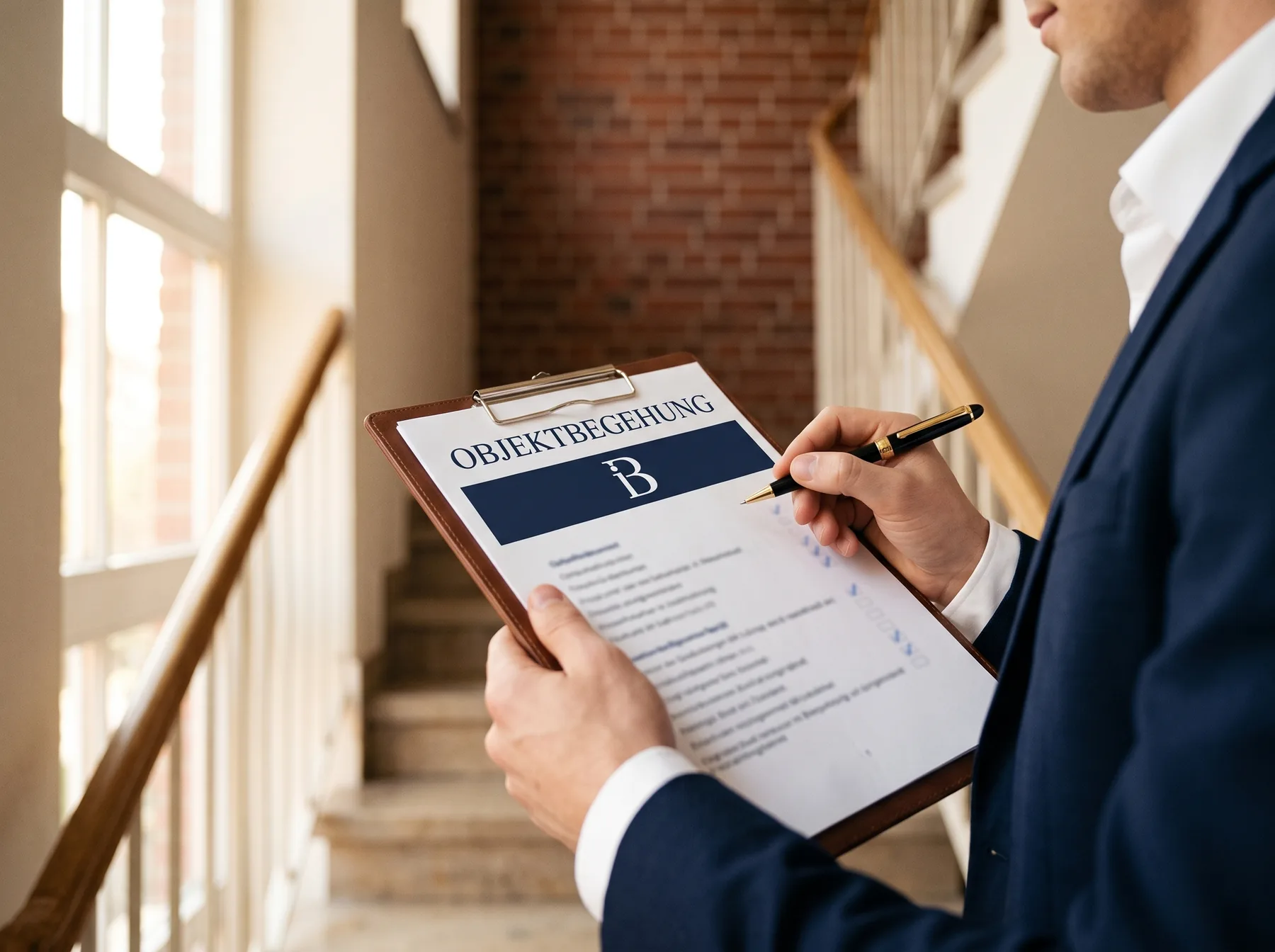 Objektbegehung mit Checkliste im Treppenhaus – technische Betreuung durch Immobilien Brömmel